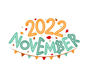 November 2022 logo with hand-drawn autumn leaves and garland. Months emblem for the design of calendars, seasons postcards, diaries. Doodle Vector illustration isolated on white background.