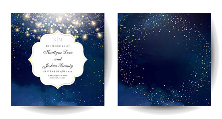 Gold confetti and navy background. Golden scattered dust