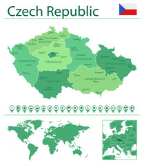 Czech Republic detailed map and flag. Czech Republic on world map.