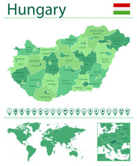 Hungary detailed map and flag. Hungary on world map.