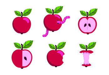 Apples. A set of red, bitten, apple with a worm, half, swing from an apple with a leaf. Vector illustration. Isolated. flat design