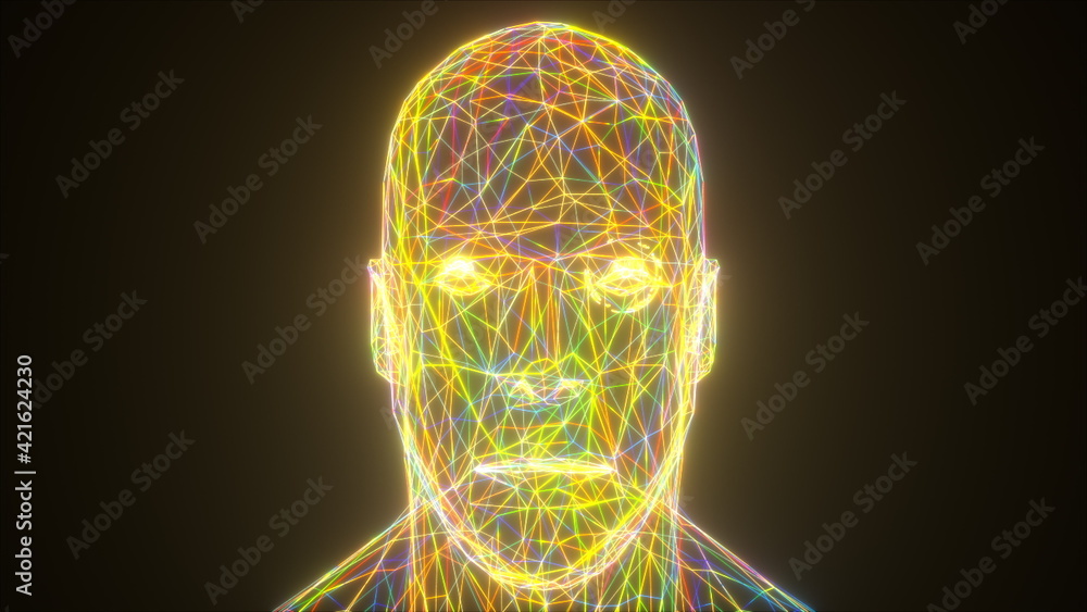 Poster colorful neon head, computer generated. 3d rendering abstract backdrop from thin net
