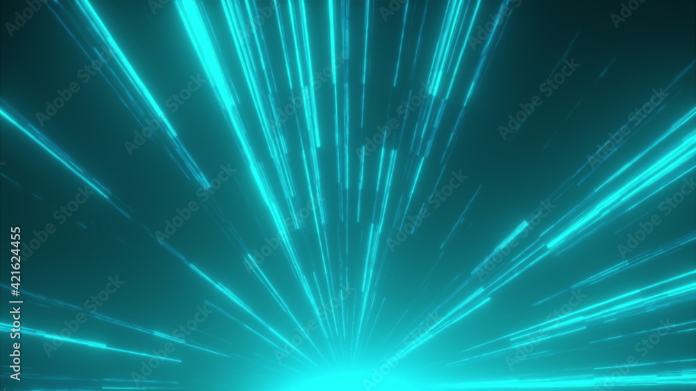 Poster fast bright neon rays, computer generated. 3d rendering abstract background
