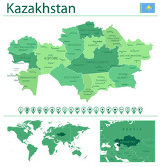 Kazakhstan detailed map and flag. Kazakhstan on world map.