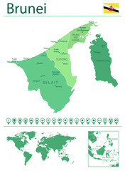 Brunei detailed map and flag. Brunei on world map.