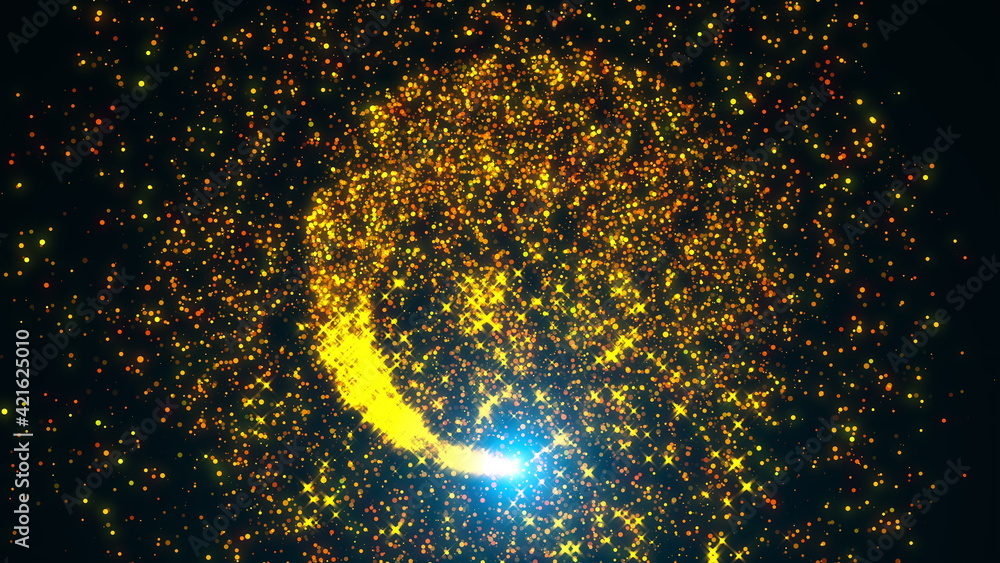 Poster golden ring with stars and particles, computer generated. magical festive backdrop, 3d rendering