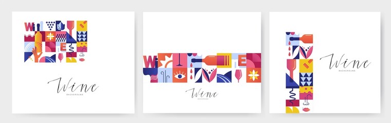 Set of abstract geometric posters for Wine Tasting event. Seamless  backgrounds for brochures, poster design. Vector illustration - obrazy, fototapety, plakaty