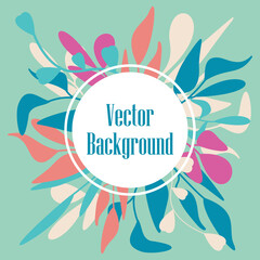 Colorful tropical plant. Vector illustration with palm leaves and other plants. Card on green background