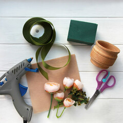 Materials and tools for Easter rabbit made of felt. DIY concept. Step by step photo instruction