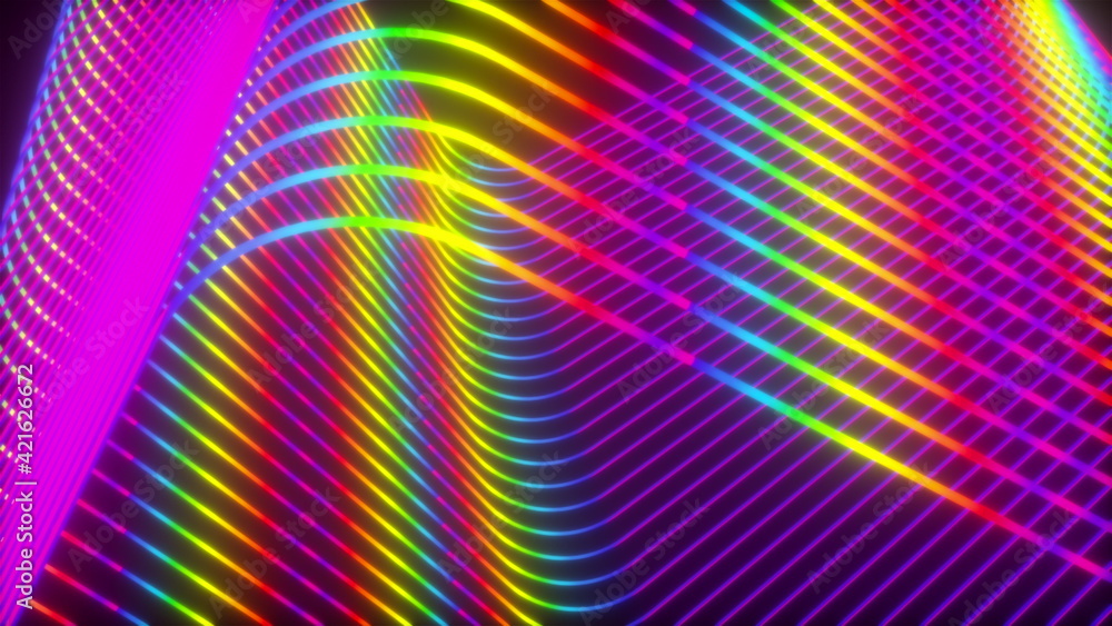 Poster abstract wavy squares from neon lines, computer generated. 3d rendering virtual backdrop
