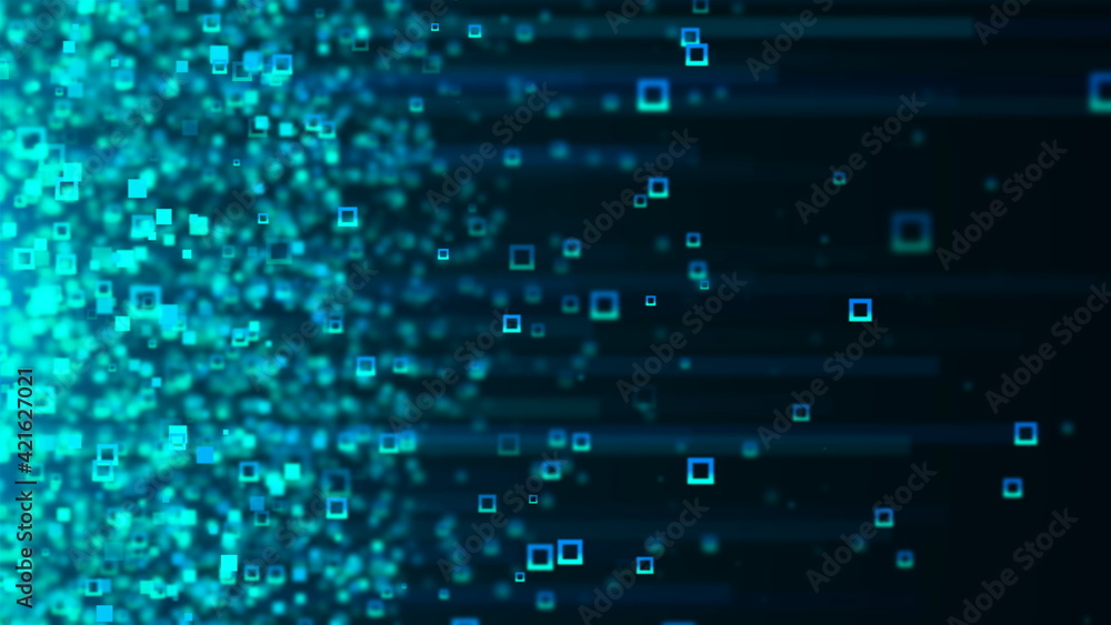Poster digital backdrop with stroke particles, computer generated. 3d render streaming data