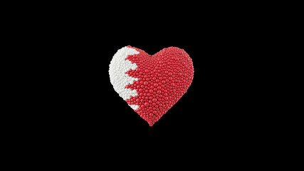 Bahrain National Day. Independence Day. Heart shape made out of shiny spheres on black background. 3D rendering.