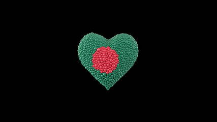 Bangladesh National Day. Independence Day. Heart shape made out of shiny spheres on black background. 3D rendering.