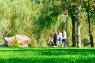 Obraz premium people walking and children playing in a city park on a summer day, green lawns with grass and trees, paths and benches, bright sunlight and shadows