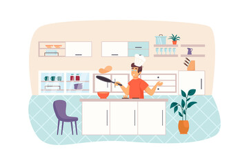 Man cooking pancakes in kitchen scene. Happy guy preparing dough in bowl and making breakfast on stove. Household and daily routine concept. Vector illustration of people characters in flat design