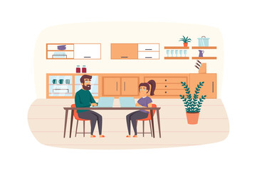 Couple of freelancers working at laptops, sit at kitchen table at home scene. Freelance, remote work, self employed, comfy workplace concept. Vector illustration of people characters in flat design