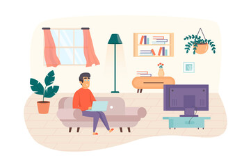 Man freelancer working at laptop, sitting on sofa in living room scene. Freelance, remote work, self employed, comfortable home office concept. Vector illustration of people characters in flat design