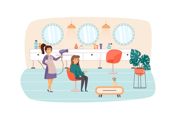 Woman visiting Beauty Salon scene. Hairstylist doing haircut and hairstyle for female client. Cosmetology procedures of hair care concept. Vector illustration of people characters in flat design