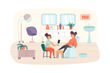 Woman visiting Beauty Salon scene. Female client getting pedicure. Beautician makes caring procedures for feet. Cosmetology, skin care concept. Vector illustration of people characters in flat design