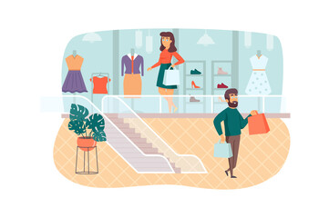 People shopping in clothing store scene. Man and woman buying stylish clothes and shoes. Apparel boutique customers, retail and sales concept. Vector illustration of people characters in flat design