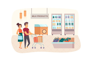 Couple shopping at supermarket scene. Man and woman buying milk products in grocery store. Family daily routine, retail and sales concept. Vector illustration of people characters in flat design
