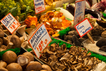 Fresh vegetables for sale at Pike Place Market in Seattle, Washington State.