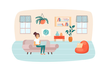 Woman studying using laptop sitting on couch in living room scene. Online education, e-learning, home schooling, distance learning concept. Vector illustration of people characters in flat design