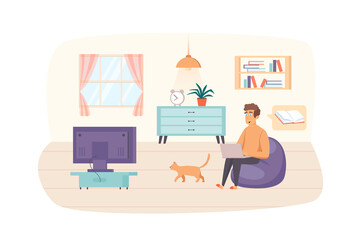 Man studying using laptop sitting on bag chair with cat in living room scene. Online education, e-learning, distance homeschooling concept. Vector illustration of people characters in flat design