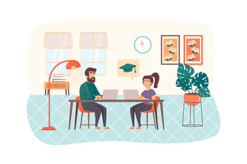 Couple studying using laptop sitting at table in room scene. Man and woman engaged online education. E-learning, distance homeschooling concept. Vector illustration of people characters in flat design