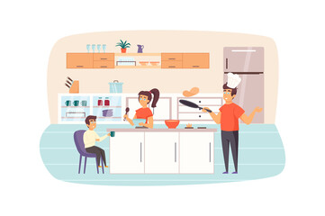 Family cooking breakfast in kitchen together scene. Mother prepares dough, father bakes pancakes, son drinks tea. Parents and children concept. Vector illustration of people characters in flat design
