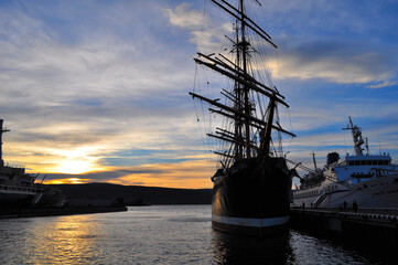 Murmansk, Russia-October 2010: the city of Murmansk. Ship in the port of Murmansk. The four-masted Sedov barque is a training sailboat. Murmansk.