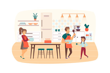 Naklejka na ściany i meble Family cooking breakfast or holiday dinner in kitchen scene. Dad holds bowl, mom holds dishes, daughter drink tea. Parents and children concept. Vector illustration of people characters in flat design