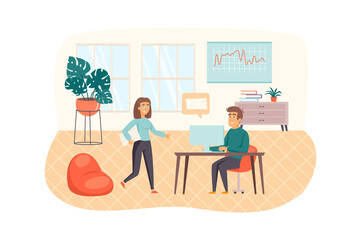 Journalist writes an article and works on laptop scene. Editorial office of newspaper or magazine. Journalism, mass media and press concept. Vector illustration of people characters in flat design