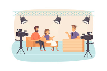 Filming television talk show scene. Presenter interviewing guests at studio, cameras recording video. Journalism, mass media and press concept. Vector illustration of people characters in flat design
