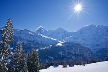 Fototapeta premium Beautiful winter landscape with star shaped sun at Mürren, Switzerland with Mountain peaks Eiger, Mönch and Jungfrau in the background.