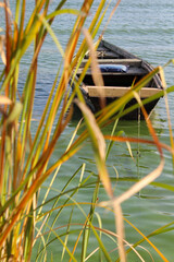 rowboat by the river and autumn leaves