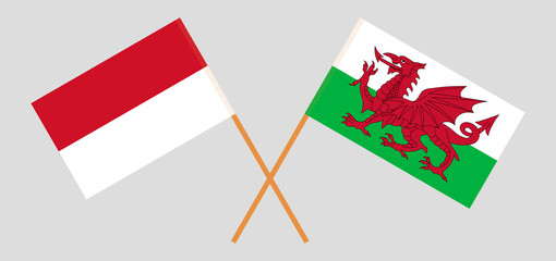 Crossed flags of Indonesia and Wales. Official colors. Correct proportion