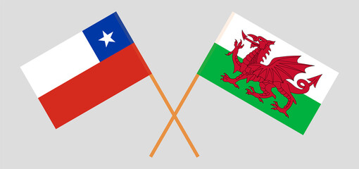 Crossed flags of Chile and Wales. Official colors. Correct proportion