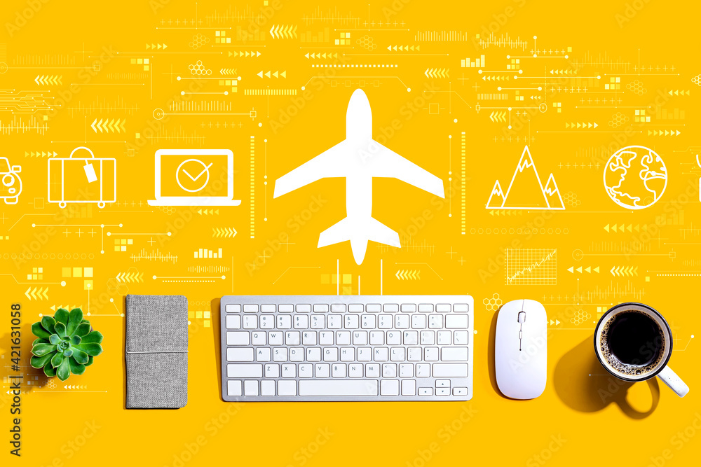 Poster flight ticket booking concept with a computer keyboard