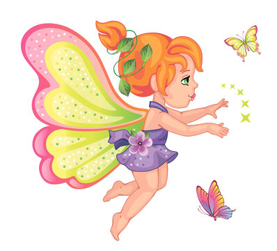A little girl. Cute small fairy. Beautiful Elf princess. Set butterflies with colorful wings on white background. Toy or doll. Children's isolated illustration for print or sticker. Wonderland. Vector