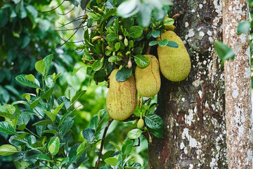 Ripe jackfruits hanging on the tree