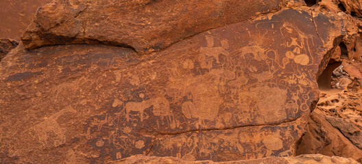 Prehistoric Bushman engravings at Twyfelfontein - Plate with rock paintings from animals and symbols