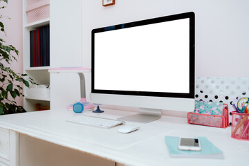 Modern Teen Room. Monitor standing on white desk in teenage girl's room with copy space.