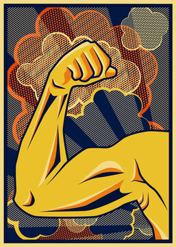 Arm Bent Energy Symbol Muscular Arm. Energy of Sports and Fitness. Image For Gym Or Sports Poster Or Tshirt Print. Sports nutrition. Pop Art Style.