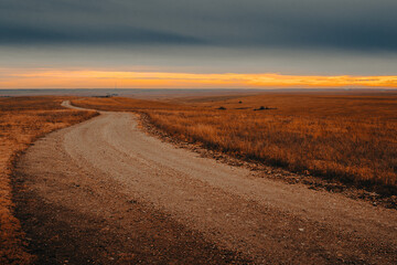 Empty dirt road in the prairie leading into the the horizon during sunset