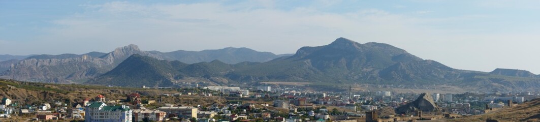 Fototapeta na wymiar Panorama of Sudak valley environ from Palvani-Oba Mountain, Crimea.