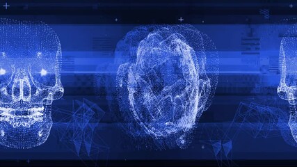 Techno Skull VJ-Loop 1-2 - Blue hologram skulls with plexus of data, spinning around self with glistening eyes. The clip can be connected with "Techno Skull VJ-Loop 1-1" and "Techno Skull VJ-Loop 1-3" - Powered by Adobe