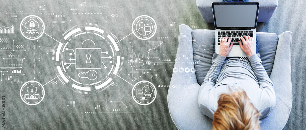 Poster data security concept with man using a laptop