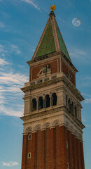 St Mark's Square bell tower at sunset in Venice during covid period 