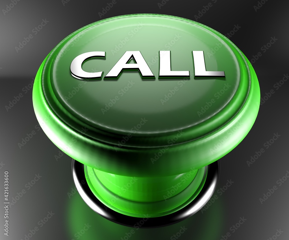 Poster a green emergency push button with the write call - 3d rendering illustration